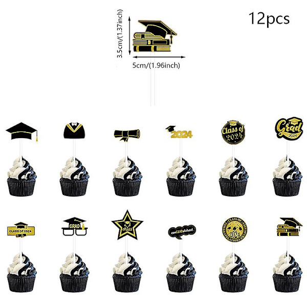 Svart og gull Klasse av 2024 Graduation Party Supplies Gratulerer Grad Banner, Kake Topper, Cupcake Toppers for Grad Party Decor
