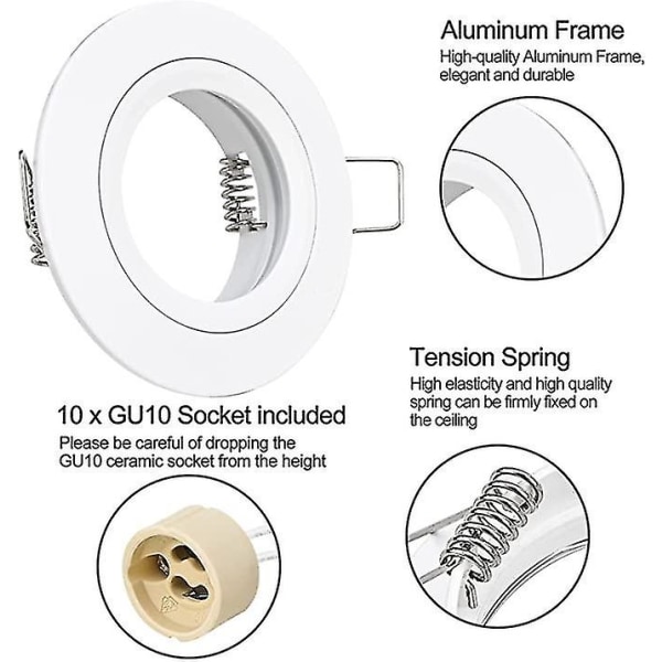 10x GU10 upotettu valonheitin alumiini valkoinen, valonheittimet asennuskehys GU10-kannalla, pyöreä tuki erittäin litteä upotettu valonheitin katto LED- tai