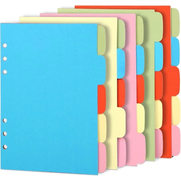 A5 Ämnesdelare Papperssheet, Färgglada 6-Hålspunchat Filkortdelare, för Notebook-Insats Planner Totalt 25 Ark