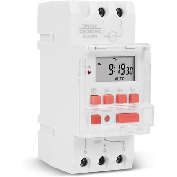 Digital timer til 30A elvandvarmer. LCD-display. 16 ON/OFF cyklusprogrammering. 35mm DIN-skinne. Spænding 220-240V