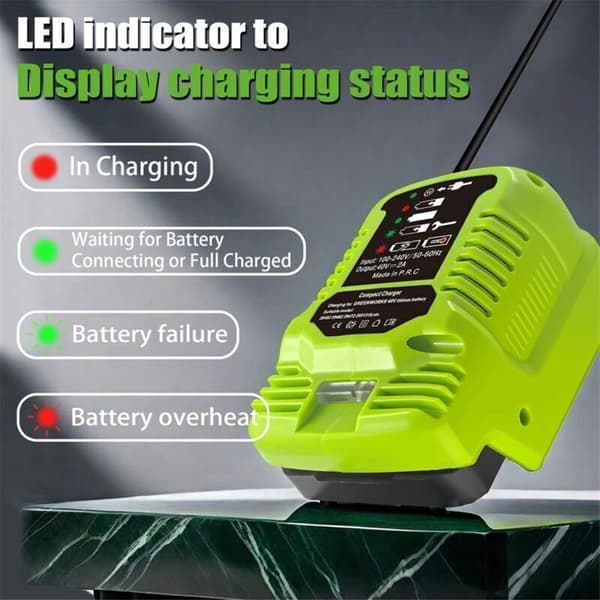Mini-lader for Greenworks 40V MAX-batterier 29462, 29472 og andre amerikanske plugger