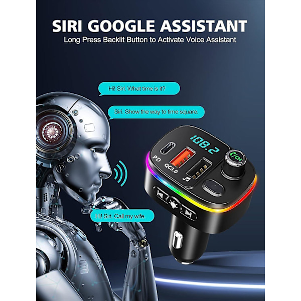 Bluetooth 5.0 Auton Sovitin, Qc3.0 Ja Pd 18w Usb C Auton Latauslaite, 9 Rgb Taustavala Auton Bluetooth-vastaanottimet, Fm-lähetin Auton Handsfree-puheluille, Siri
