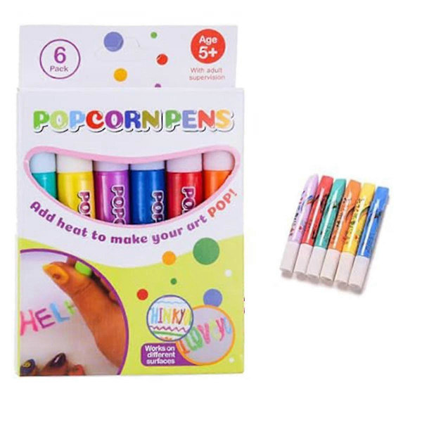 Magic Puffy Pens -setti - 6 neoniväriä Popcorn-kynää 3D-musteella, kuumenna ja katso taiteen kasvavan hauskasti