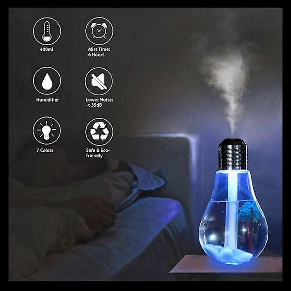 400 ml USB Luftfukter Pære Lys Diffuser, Luftrenser Sprøyte med Farge LED Nattlys for Hjemmet