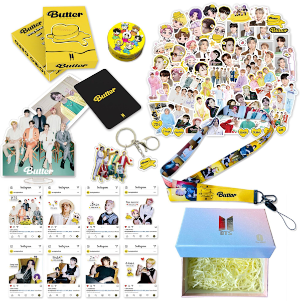 BTS nya låt Butter stödpaket presentask vykort nyckelband nyckelring klistermärke presentask set