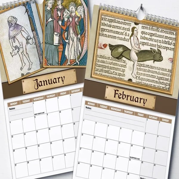 2-pack, 2025 kalender, konstig medeltida penis väggkalender