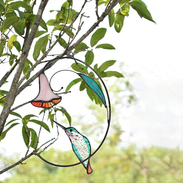 Kolibri solfanger til vindue, kolibri med blomster farvet glas solfang Fugl farvet glas vinduesophæng Ornamenter