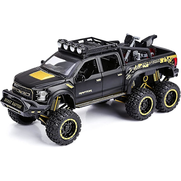 Leikkiauto Pickup-kuorma-autot pojille F150 Raptor Valettu metallimalliauto äänellä ja valolla lapsille 3 vuotta ja sitä vanhemmille Musta
