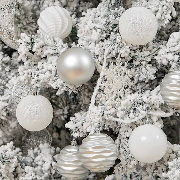 24 stycken julgranskulor i plast, oförstörbara juldekorationer, set med julgranskulor (silver)