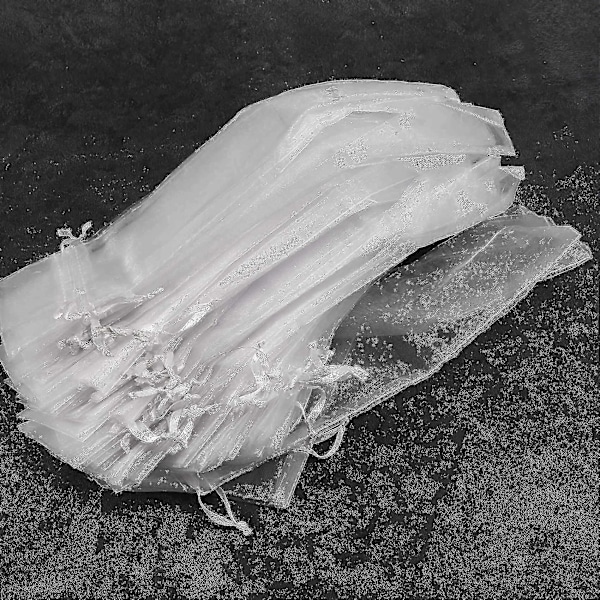 50 stk Hvide Organza Foldbare Håndblæserposer med Snørelukning til Bryllup