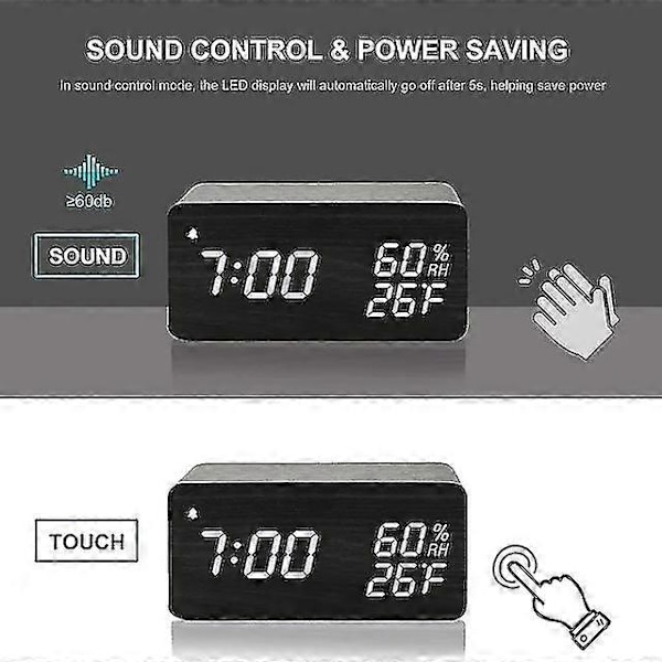 Trä Digital Väckarklocka Med Trådlös Laddning 3 Väckarklocka Led-displayer Ljudstyrning Och Snooze För Sovrum Kontor