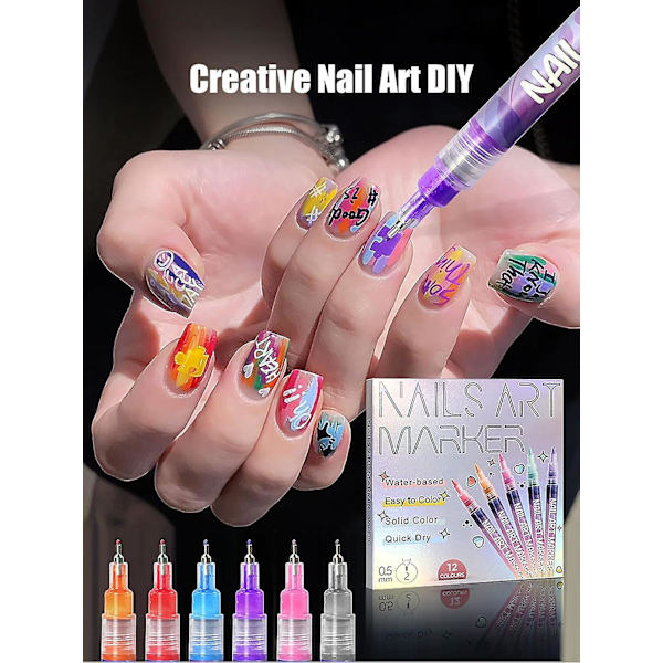 Fine Tips 3D Nagelkonstpennor, 12 Färger 0,5 MM Nagellackspennor Nagelpunkt Graffiti Prickpenna för Hemsalong Snabb DIY Nagelkonst