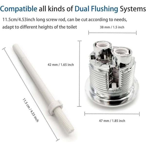 38 mm dobbelt-skyl trykknapper til toiletter. Standard vaskeknapper. Forkromet og sølvfarvet. Erstatningsskylknap til toiletskyl.