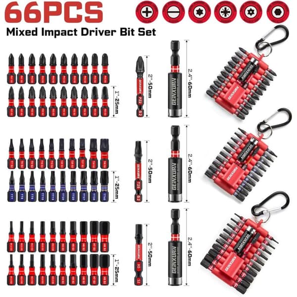 Uppsättning med 66 multifunktionsbits (PH/TORX/HEX/PZ), inklusive magnetiska bits i S2-stål 25 mm och 50 mm, samt 3 bitshållare
