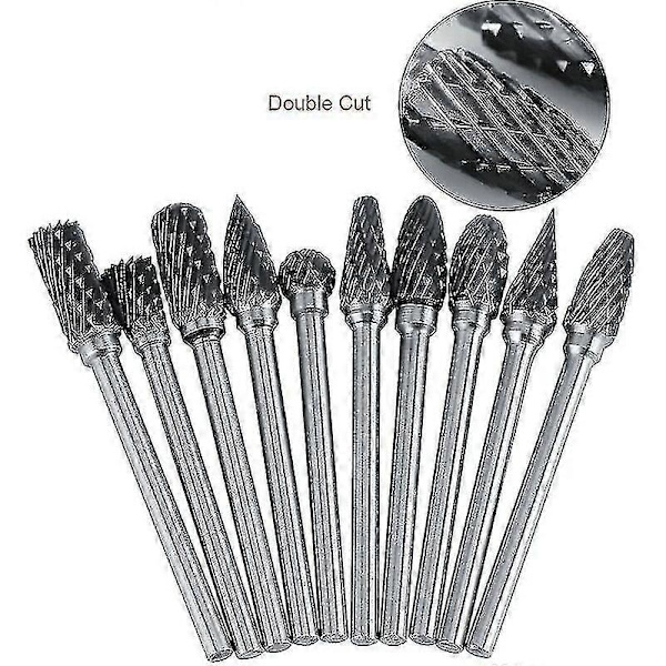 Litzee 10-pack roterande filer i volframkarbidstål med jordgubbsform, 3 mm skaft, 6 mm skärdiameter, verktyg för gravyr (dubbelskär)