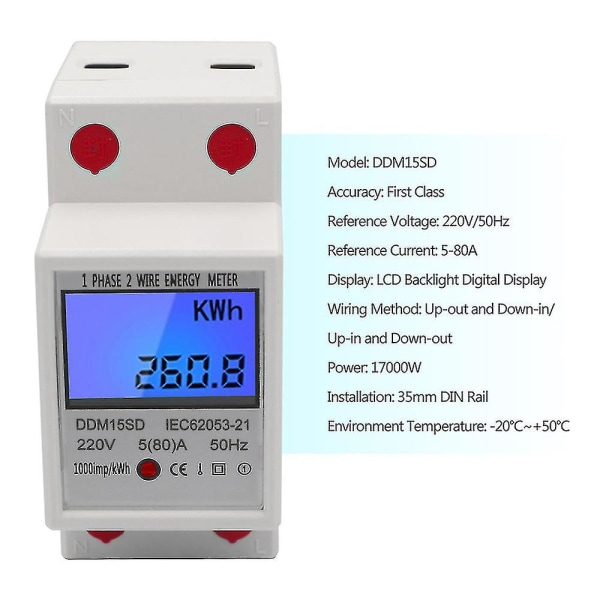 Yksivaiheinen Din-kiskon energiamittari 5-80a 220v elektroninen kWh-mittari LCD-taustavalolla digitaalisella näytöllä