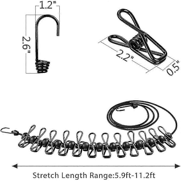 Packbar Klädstrecklina med Hängande Rep för Semester, Resa, Camping, Balkong, 180cm med 12 Klädnypor och Vindskyddsspänne
