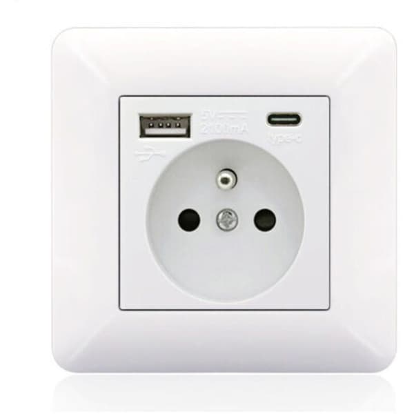 Fransk Type-C + USB 16A Type 86 stikkontaktpanel, antall stikkontakter: 2 hull, antall USB-porter: 1, antall Type-C-porter: 1, sikker og solid (hvit bue)