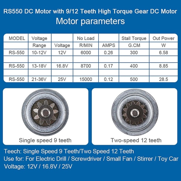 RS550 18V 19500 RPM DC-motor med to-trins 11 tænder og højt drejningsmoment til elektrisk boremaskine/skruetrækker