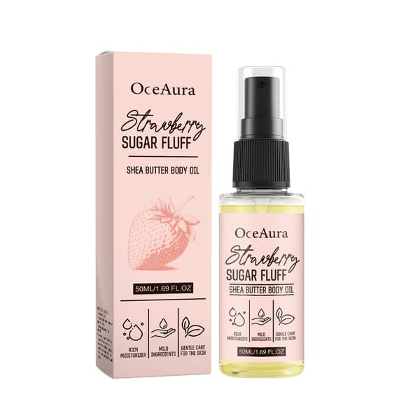 Jordgubbssockerfluff Sheasmör Kroppsolja, 50ml - Bärbar Återfuktande Kroppsolja för Matt Hud
