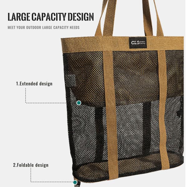 Expanderbar Khaki Mesh Utomhus Förvaringsväska, 198g Vikbar Camping Organizer