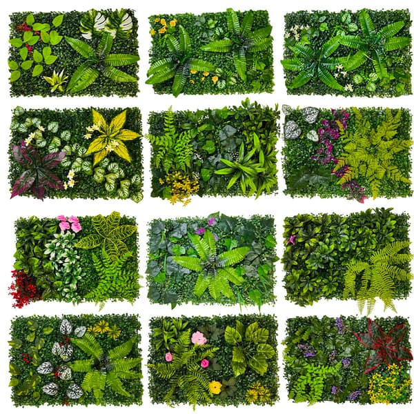 Kunstig Plantevægspanel, Grøn Baggrund med Blomster til Indretning