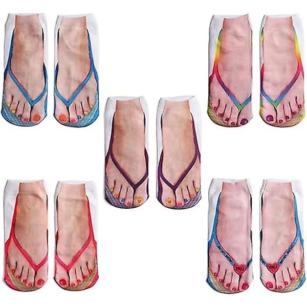 5 Paria Flip Flop -Sukkia 3D-Kuviollisia Sukkia Manikyyripainatus Flip Flop -Sukkia, Henkilökohtaiset 3D-Kuvioiset Matalat Nilkkasukat Naisille Lahjaksi