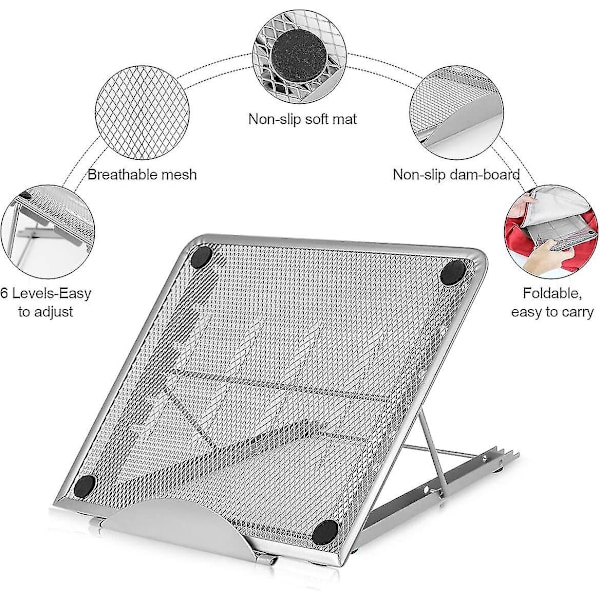 Kannettavan tietokoneen tuki, tuulettuva kannettavan tietokoneen tuki, ergonominen säädettävä vakiokannettava MacBook Air Prolle, PC:lle, iPadille, kannettavalle tietokoneelle, tabletille (7-14 tuumaa) (hopea)