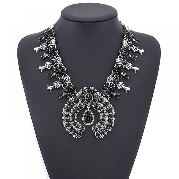 Halskjede for kvinner, Boho turkis blomsteranheng Klærtilbehør, etnisk stil smykker svart