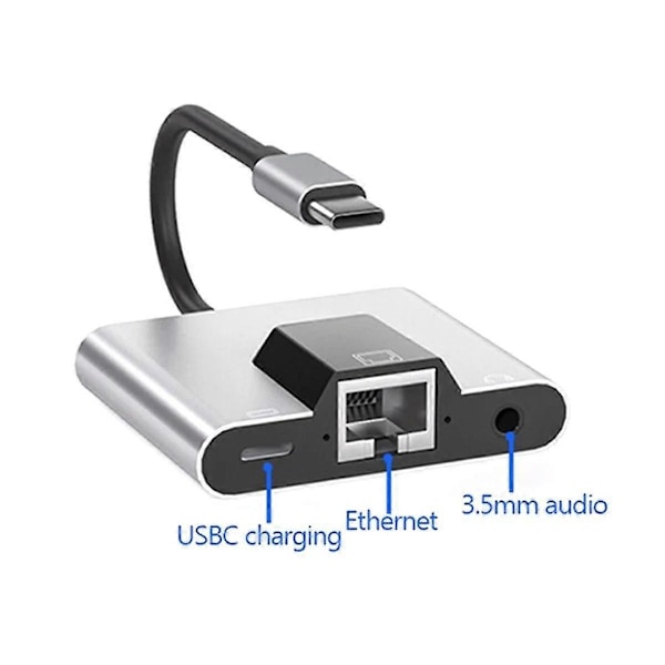Type-C - Ethernet LAN -verkkoadapteri Hub USB C - 3,5 mm äänentoisto Nopea lataus Telakointiasema kannettavalle tietokoneelle matkapuhelimeen