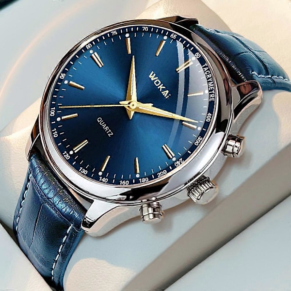 Nyt Herreur Blå Læderrem Rund Urskive Analog Quartz Armbåndsur Mand Daglig