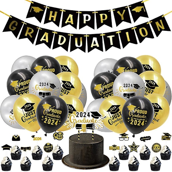 Sort og Guld Klasse af 2024 Graduation Party Tilbehør Tillykke Grad Banner, Kage Topper, Cupcake Toppers til Grad Party Dekoration