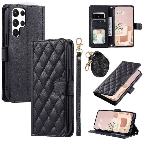 For Samsung Galaxy S22 Ultra 5G Case Rhombus Grid Crossbody Wallet Phone Protector - Black