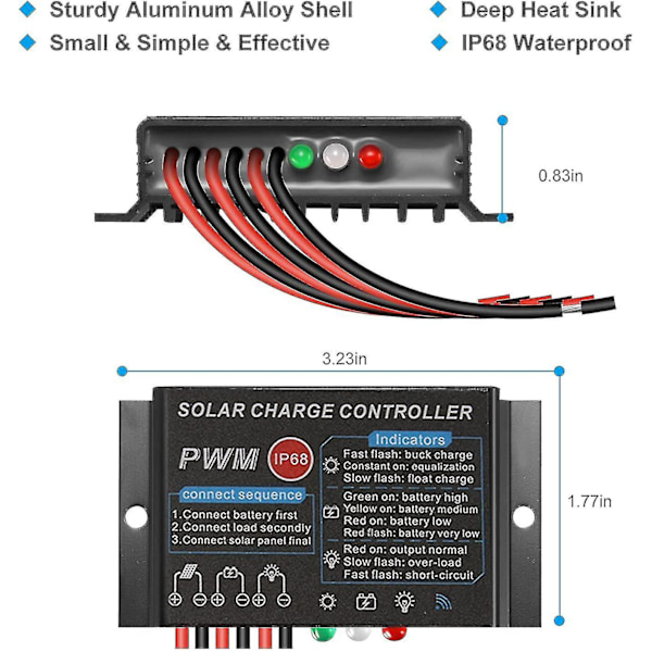 Solcellepanelregulator, ladekontroller 12v/24v20a Pwm Vanntett Ip68