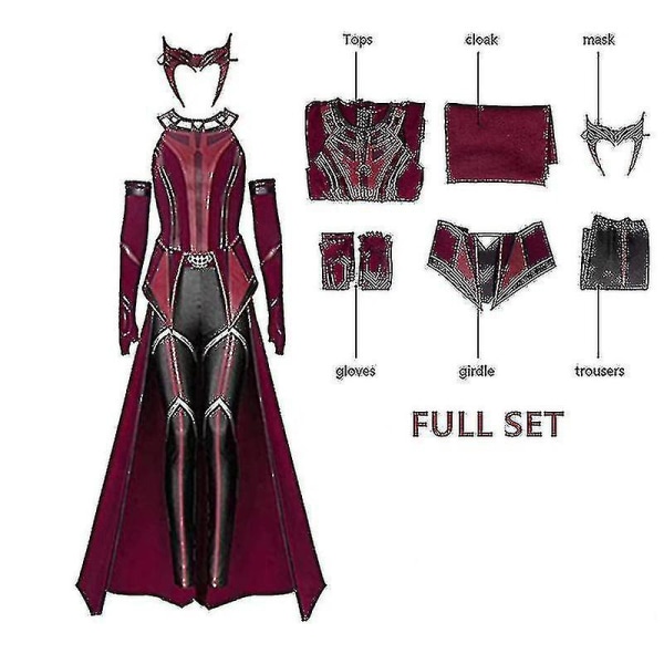 Kvinnlig Wanda Maximoff Cosplay kostym Scarlet Witch Huvudbonader Kappa och byxor Fullt set Outfit Halloween Accessoarer Rekvisita