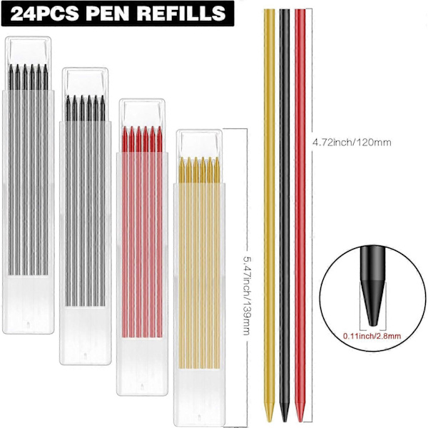 24 stk. 2,8 mm Vandtætte Blyants Refills, til Tracer/Pica Blyant, til Træbearbejde Konstruktion Byggeri (3 Farver)