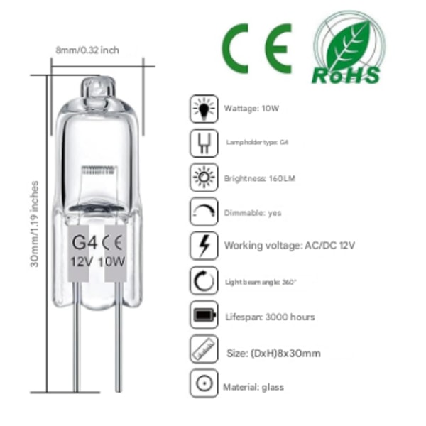 G4 Halogenpære 20W/10w 12V - Varmt Hvidt - 20 stk 10W