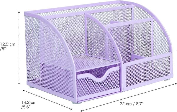 Skrivebordsarrangør/Mesh Skrivebord Caddy/Blyant Holder Multifunksjonell med 7 Rom - Lys Lilla