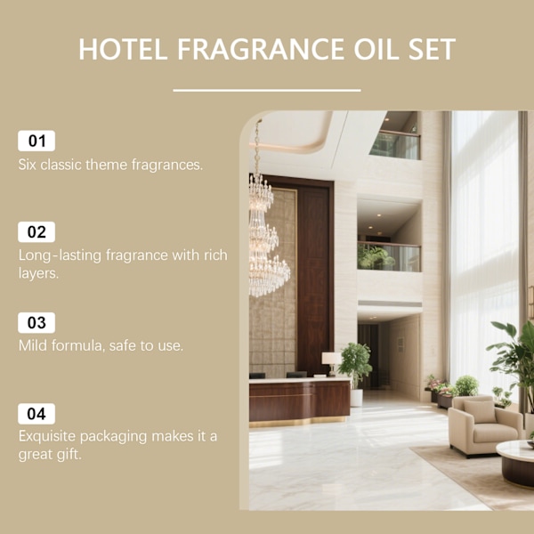 Hotellinspirert duftoljesett, 6 dufter for diffusere og hjemmebruk