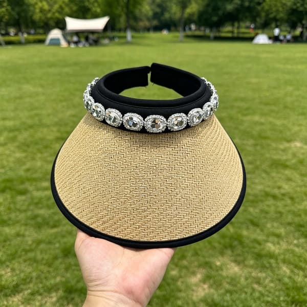 Koreansk stil strass tom topphatt, svart gummifoder UV-blockerande stickad solhatt för utomhusbruk B