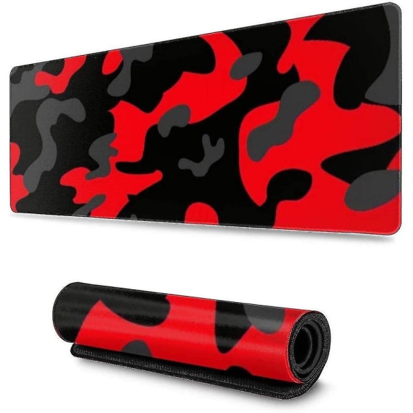 Rød og sort camouflage-gamingmus Xxl Xl Stor musemåtte Lang forlænget musemåtte Skrivebordspude Skridsikre gummimusemåtter Syede kanter (31,5x11,8x0)