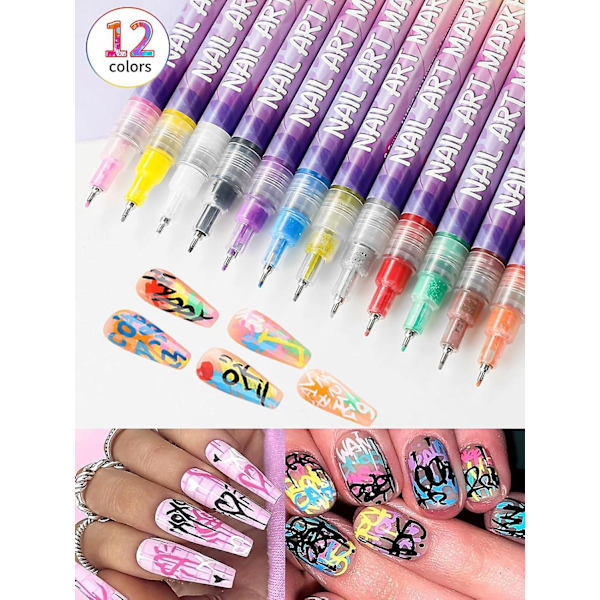 Fine Tips 3D Nagelkonstpennor, 12 Färger 0,5 MM Nagellackspennor Nagelpunkt Graffiti Punktpenna Ritning Målnings Linerborste för Hemsalong Snabb DIY N