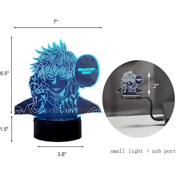 SBSG Satoru Gojo 3D Illusionslampe Jujutsu Kaisen LED Anime Lampe 16 Fargeendringer RGB Fjernkontroll Skrivebord Nattelys for Soverom (Satoru Gojo)