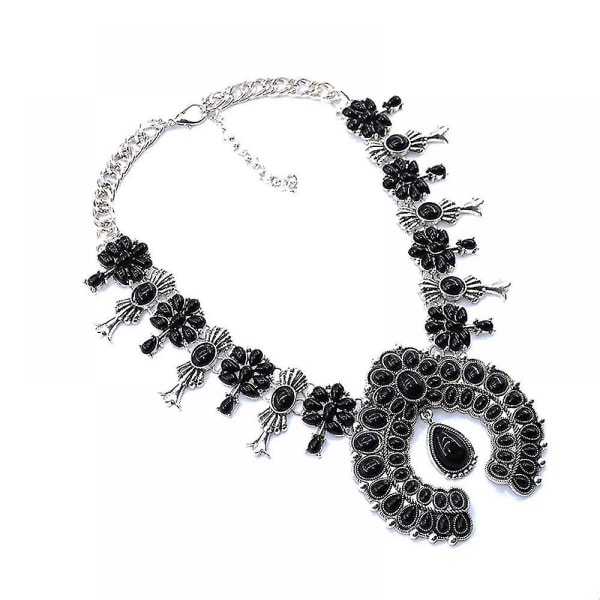 Halskjede for kvinner, Boho turkis blomsteranheng Klærtilbehør, etnisk stil smykker svart