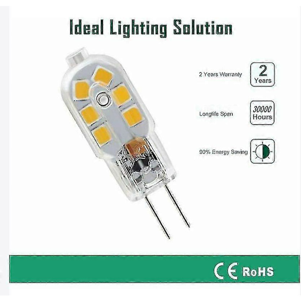 12v G4 LED Pære, 1w svarende til 10w Halogenlampe, Varmt Hvidt 2700-3200k, Ikke-dimbar, Pakke med 10