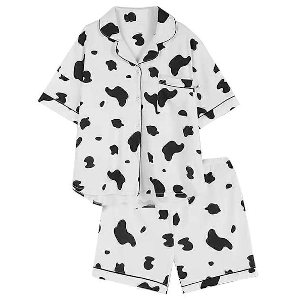 1 Set med 2st Sommar Dam Pyjamas Tecknad Ko Pyjamas Bomull Kofta Kortärmad Shorts Casual Hemmakläder Tvådelat Set (Vit Svart Storlek XL)