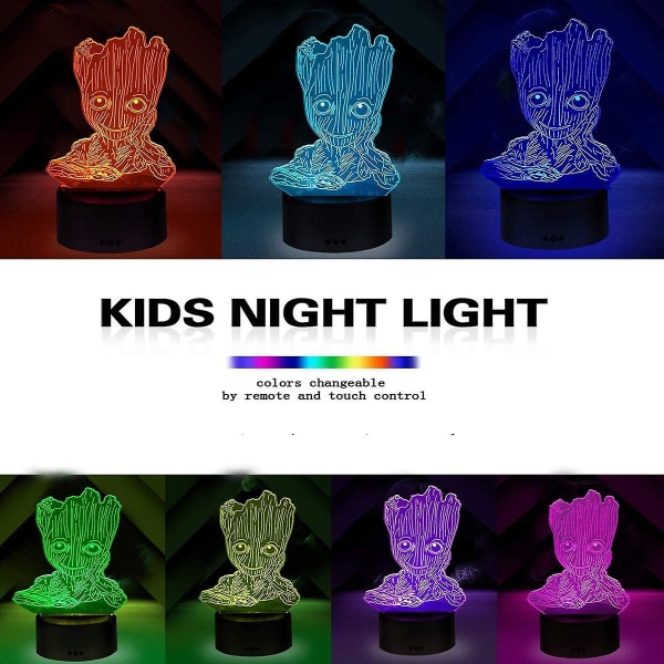 Shxx Groot 3d natlys, børn 7 farver rørende dekoration bordlys, optisk illusion 7 farver skiftende julefødselsdagsgaver 3d9l-24