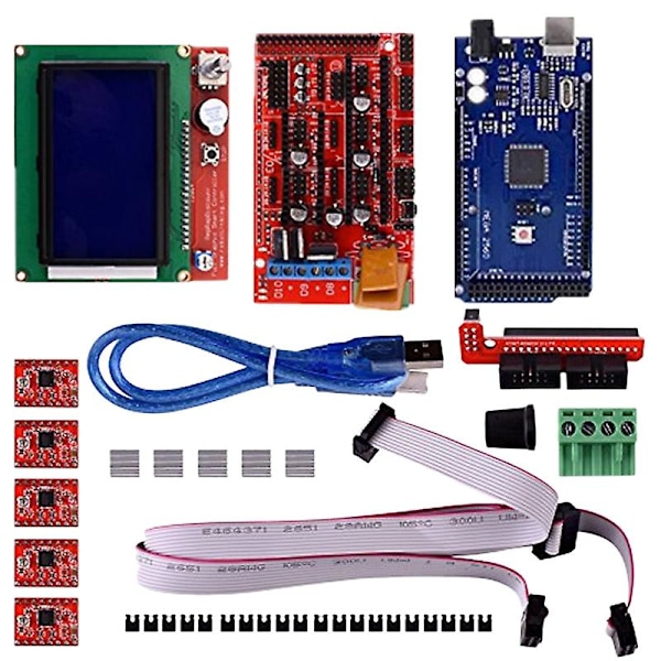 Ramps1.4 kontrolkort + 2560 R3 forbedret bundkort + 12864 Lcd kontrolkort + A4988 driver med køleplade (rød)