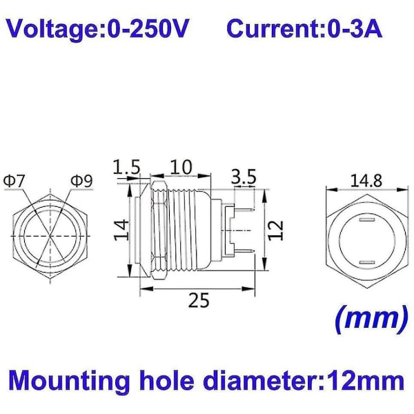 4 kpl Momentary Push Button Vedenpitävä ruostumattomasta teräksestä valmistettu painike päällä Off 12mm 2a 12v / 24v / 125v / 250v (pää ylös)