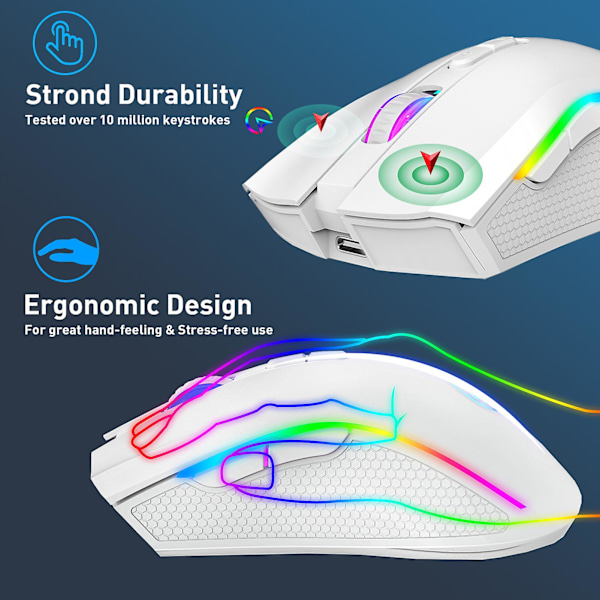 T69 2,4 GHz Trådlös RGB-mus 7 knappar Ergonomisk Lättvikts Typ-C Laddningsbar Universal Trådlös Datorspelmus PC-tillbehör, vit